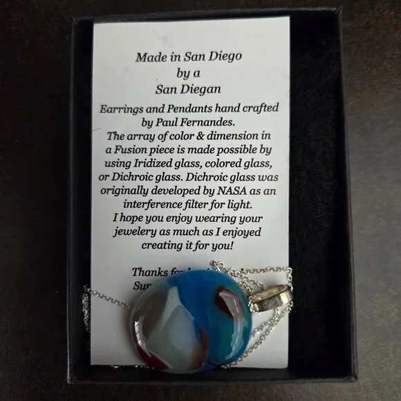 Pendant Necklace Colored Glass Silver Made in San Diego California Stone Womens - Picture 3 of 7